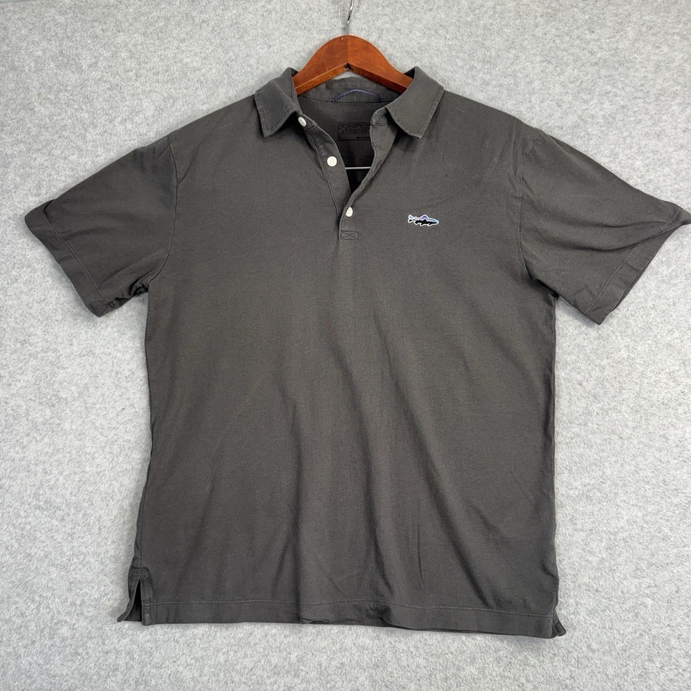Patagonia Trout Fitz Roy Polo Shirt Men Small Gray Organic Cotton EUC